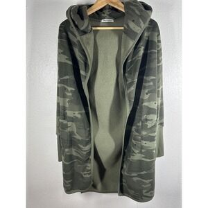 Theo & Spence Sweater Womens Small Green Camo Hooded Open Front Cardigan Cozy